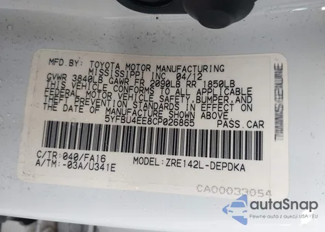 2012 Toyota Corolla L from USA, damaged, VIN 5YFBU4EE8CP026865
